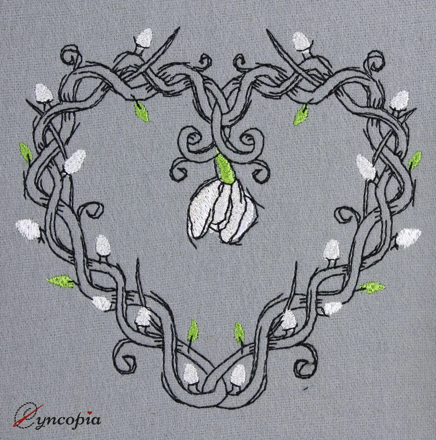 Embroidery Design Heart Tendril Snowdrop romantic